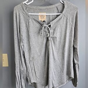 NWT CHASER Gray Lace-Up Long Sleeve Top, Size Small
